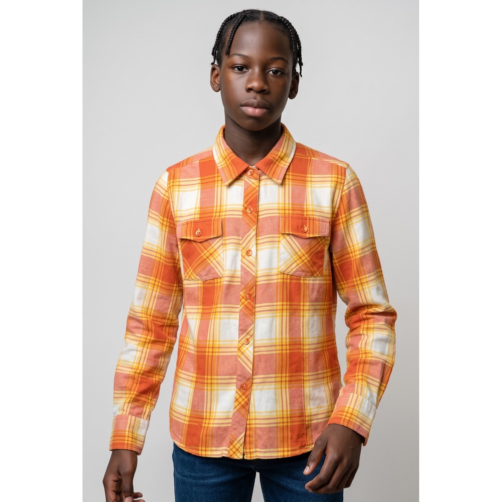 Vans Kids Orange Yellow Plaid Flannel Long Sleeve Button Down Shirt Size youth L